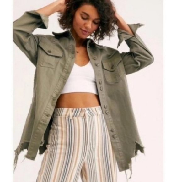 Free People Moonchild Distress Sage Dress Longline Shacket Grunge Boho Chic M - Picture 12 of 12